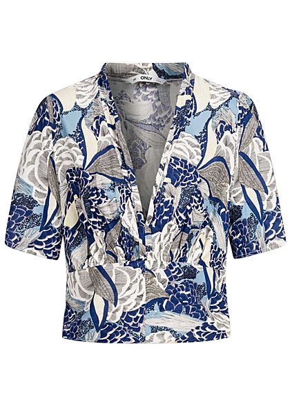 ONLY Damen V-Neck Cropped Bluse Floraler Print Zipper seitlich faded denim blau