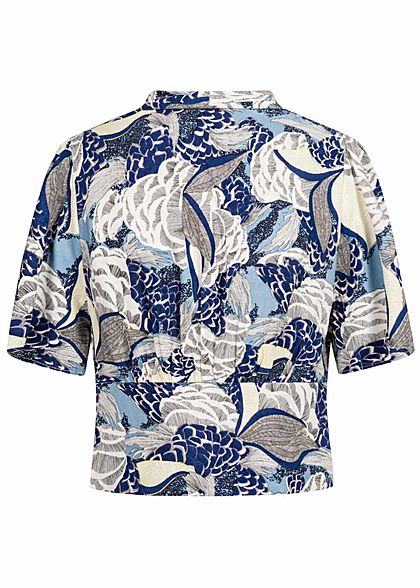 ONLY Damen V-Neck Cropped Bluse Floraler Print Zipper seitlich faded denim blau