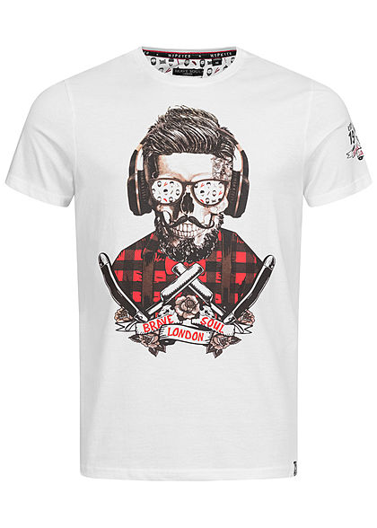 Brave Soul Herren T-Shirt Skulls Headphone Head Print weiss Head bronze