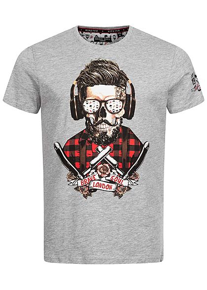 Brave Soul Herren T-Shirt Skulls Headphone Head Print medium grau Head bronze