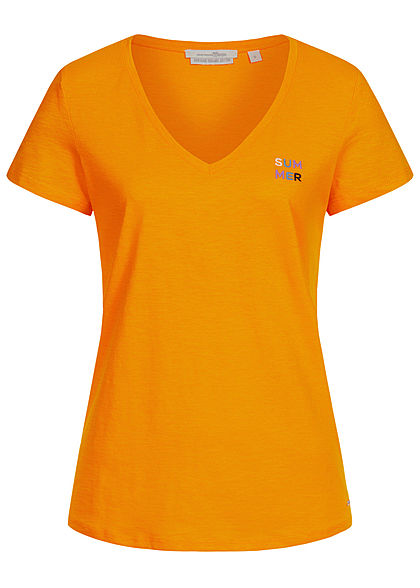 Tom Tailor Damen Basic V-Neck T-Shirt mit Stickerei Summer orange gelb