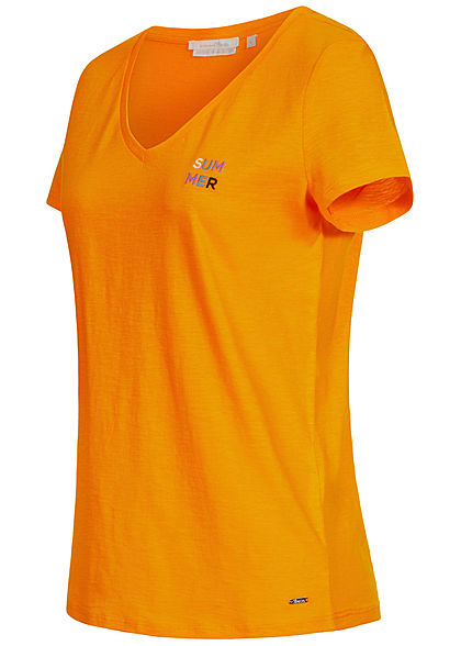 Tom Tailor Damen Basic V-Neck T-Shirt mit Stickerei Summer orange gelb