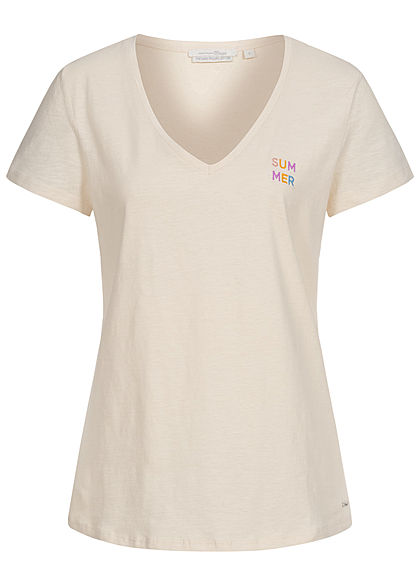 Tom Tailor Damen Basic V-Neck T-Shirt mit Stickerei Summer soft creme beige - Art.-Nr.: 20052384