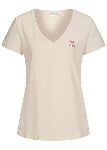 Tom Tailor Damen Basic V-Neck T-Shirt mit Stickerei Summer soft creme beige