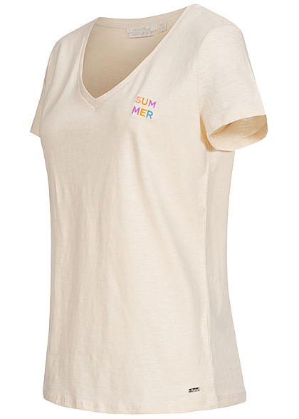 Tom Tailor Damen Basic V-Neck T-Shirt mit Stickerei Summer soft creme beige