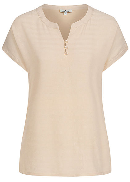 Tom Tailor Damen V-Neck Blusen Shirt Materialmix Knopfleiste soft vanilla beige