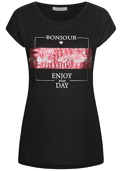 Sublevel Damen T-Shirt Pailletten Bonjour schwarz pink