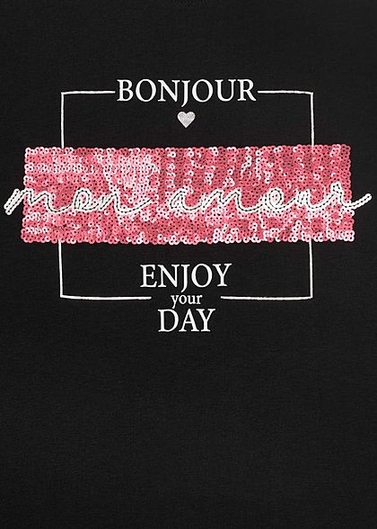 Sublevel Damen T-Shirt Pailletten Bonjour schwarz pink