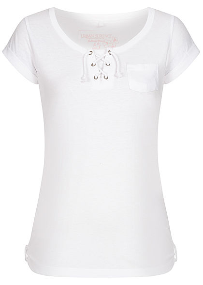 Urban Surface Damen T-Shirt Brusttasche Schnürausschnitt weiss