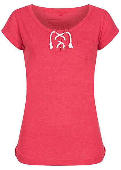 Urban Surface Damen T-Shirt Brusttasche Schnürausschnitt melon pink melange