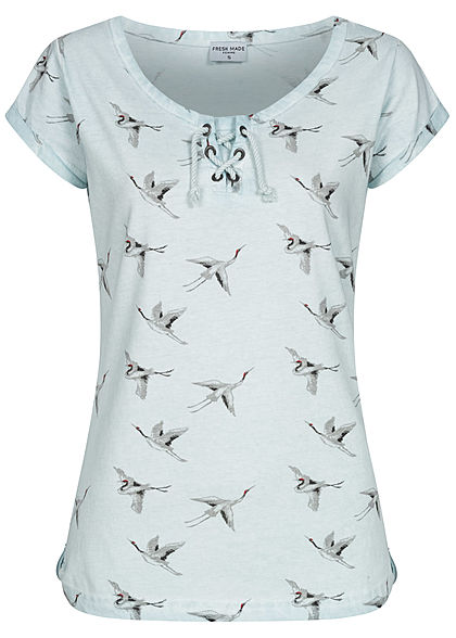 Fresh Made Damen T-Shirt Vogel Print Schnürausschnitt ice hell blau grau - Art.-Nr.: 20052457