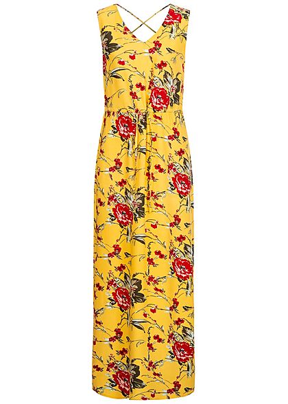 Vero Moda Damen V-Neck Maxi Kleid Schlitz seitlich Blumen Muster banana cream gelb