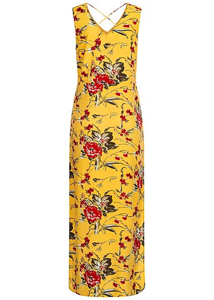 Vero Moda Damen V-Neck Maxi Kleid Schlitz seitlich Blumen Muster banana cream gelb