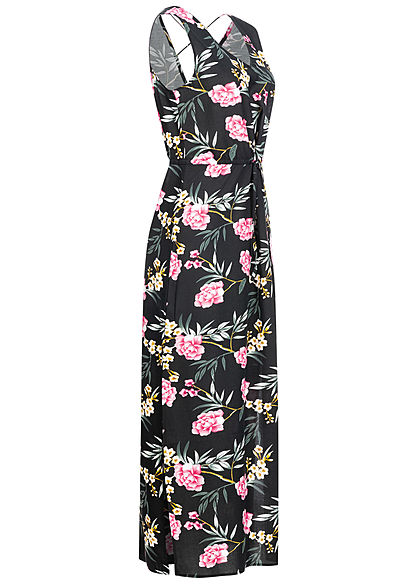 Vero Moda Damen V-Neck Maxi Kleid Schlitz seitlich Tropical Print schwarz mc
