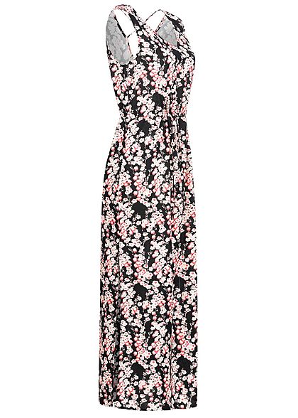 Vero Moda Damen V-Neck Maxi Kleid Schlitz seitlich Blumen Print schwarz rosa weiss