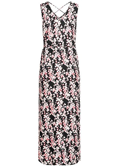 Vero Moda Damen V-Neck Maxi Kleid Schlitz seitlich Blumen Print schwarz rosa weiss