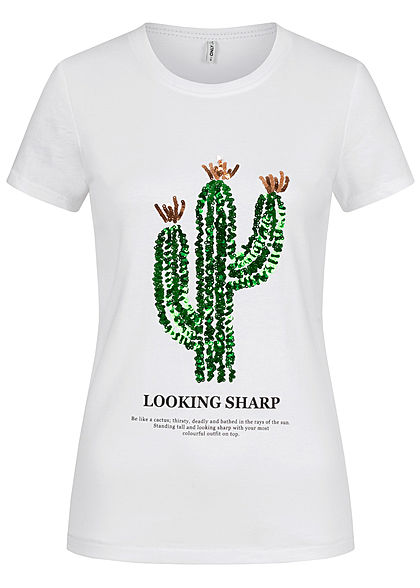 ONLY Damen T-Shirt Kaktus Pailletten Sharp Print bright weiss grün