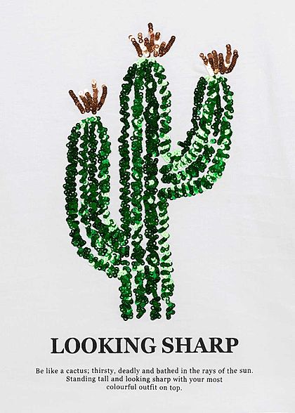 ONLY Damen T-Shirt Kaktus Pailletten Sharp Print bright weiss grün