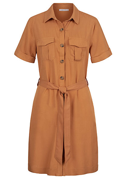 Hailys Damen Blusen Kleid inkl Bindegürtel Knopfleiste 4-Pockets hazel braun