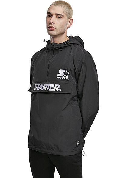 Starter TB Herren Pull Over Windbreaker Jacke Kapuze Logo Print schwarz weiss