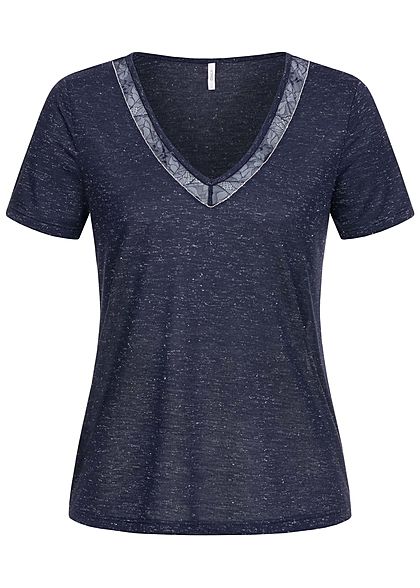 ONLY Damen V-Neck Melange Lurex T-Shirt mit Spitze & Deko Perlen night sky blau