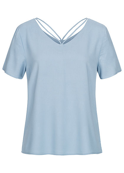 ONLY Damen V-Neck Blusen Shirt mit Strings oben faded denim blau