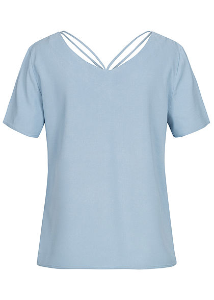 ONLY Damen V-Neck Blusen Shirt mit Strings oben faded denim blau