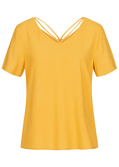 ONLY Damen V-Neck Blusen Shirt mit Strings oben golden spice gelb