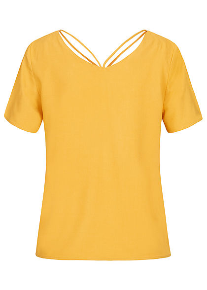 ONLY Damen V-Neck Blusen Shirt mit Strings oben golden spice gelb