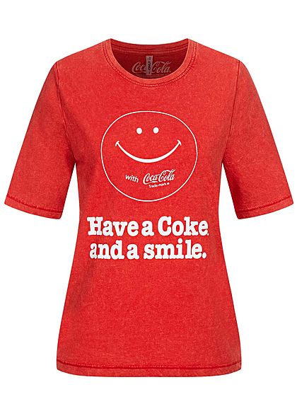 ONLY Damen T-Shirt Coca Cola Smiley Print high risk rot weiss melange