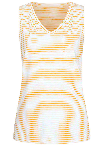 Tom Tailor Damen V-Neck Top mit Brusttasche Streifen Muster weiss horizon gelb