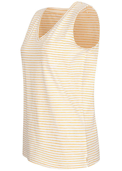 Tom Tailor Damen V-Neck Top mit Brusttasche Streifen Muster weiss horizon gelb