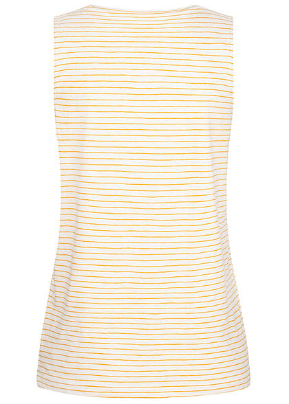 Tom Tailor Damen V-Neck Top mit Brusttasche Streifen Muster weiss horizon gelb