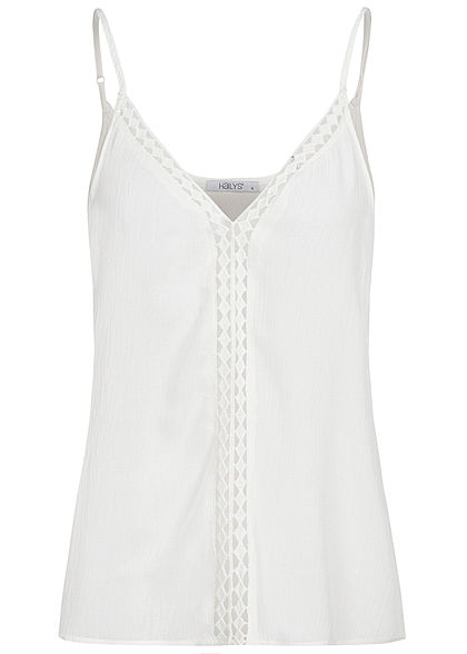 Hailys Damen V-Neck Träger Top Karo Lochmuster off weiss