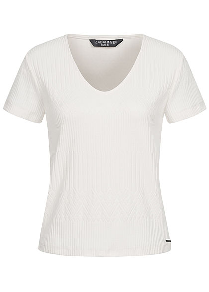 Zabaione Damen V-Neck T-Shirt Struktur Stoff off weiss