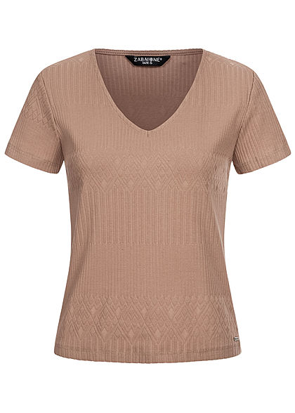 Zabaione Damen V-Neck T-Shirt Struktur Stoff braun