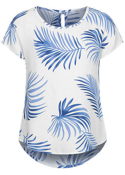 Hailys Kids Mädchen Viskose T-Shirt Vokuhila Tropical Print weiss blau