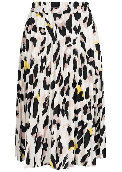 Fresh Lemons Damen Midi Plissee Falten Rock Leo Print off weiss schwarz gelb