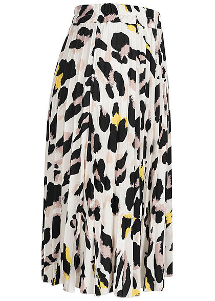 Fresh Lemons Damen Midi Plissee Falten Rock Leo Print off weiss schwarz gelb