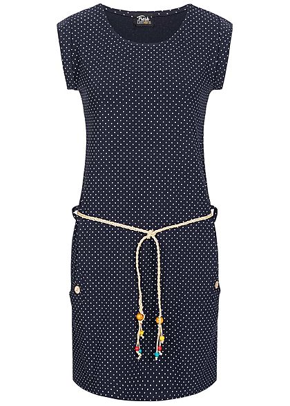 Fresh Lemons Damen Mini Kleid inkl. Flechgürtel Punkte Muster 2-Pockets navy blau