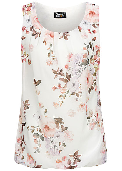 Fresh Lemons Damen Chiffon Blusen Top Blumen Muster weiss