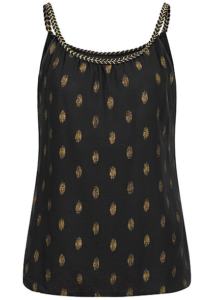 Fresh Lemons Damen Chiffon Top Flechtträger Glitzer Punkte Muster schwarz gold