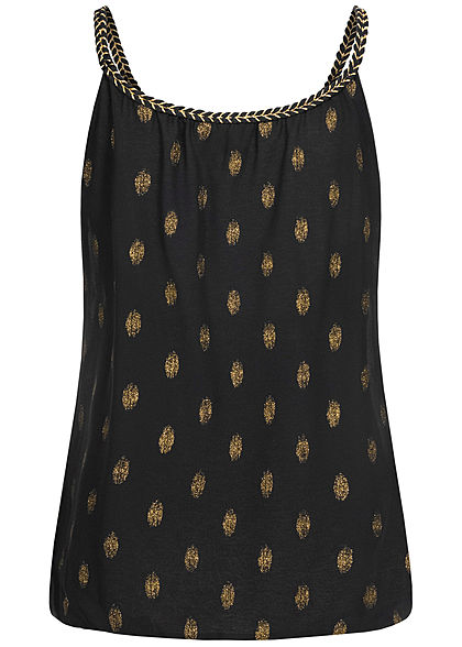 Fresh Lemons Damen Chiffon Top Flechtträger Glitzer Punkte Muster schwarz gold