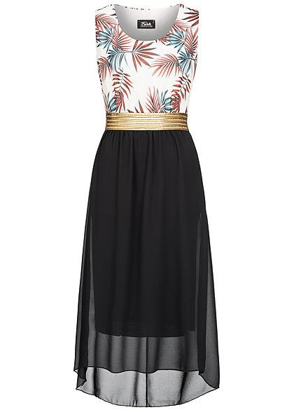 Fresh Lemons Damen 2-Tone Maxi Kleid Tropical Print schwarz weiss gold