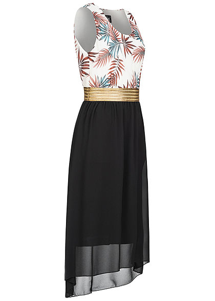 Fresh Lemons Damen 2-Tone Maxi Kleid Tropical Print schwarz weiss gold