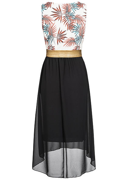 Fresh Lemons Damen 2-Tone Maxi Kleid Tropical Print schwarz weiss gold