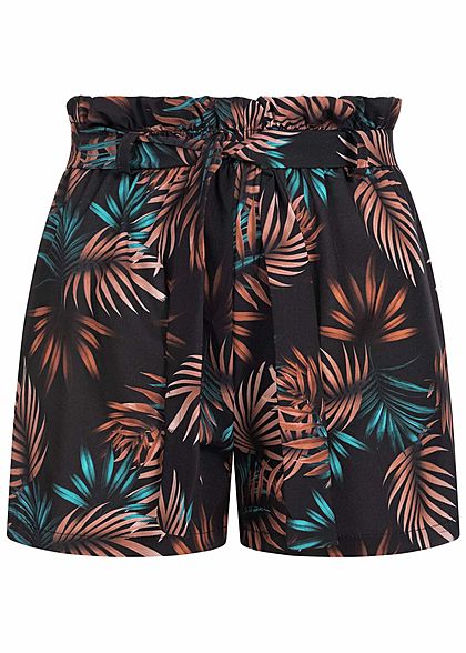 Fresh Lemons Damen Paperbag Shorts inkl. Bindegürtel Tropical Print schwarz