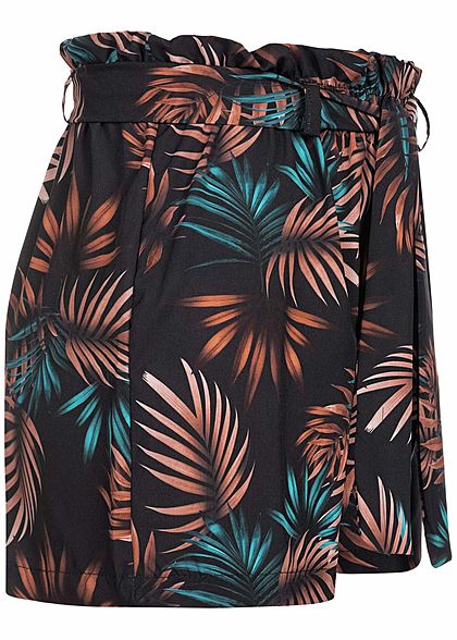 Fresh Lemons Damen Paperbag Shorts inkl. Bindegürtel Tropical Print schwarz