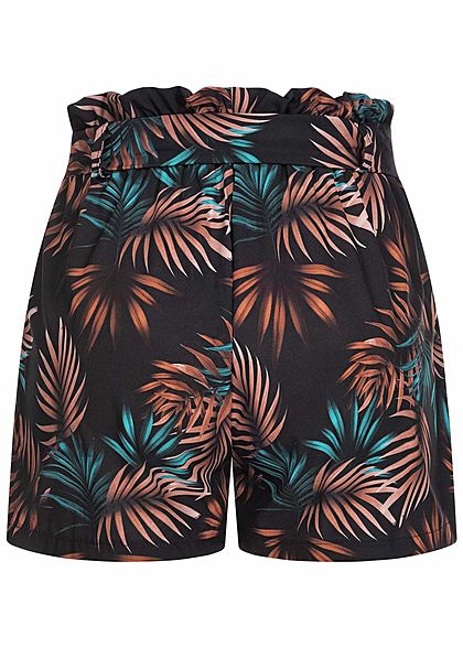 Fresh Lemons Damen Paperbag Shorts inkl. Bindegürtel Tropical Print schwarz