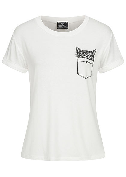 Fresh Tee Damen T-Shirt Cat-Pocket Print weiss